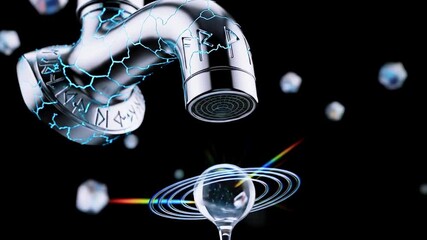 Futuristic faucet with glowing electric-blue crackled effects, water droplets, and orbs against a black background