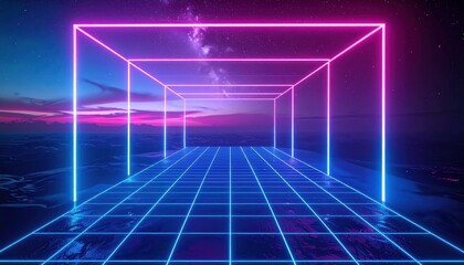 Wall Mural - Futuristic neon-lit geometric pathways lead towards an expansive, star-filled cosmos, showcasing vibrant pink and blue tones across a grid of interconnected lines against the backdrop of a sunset...