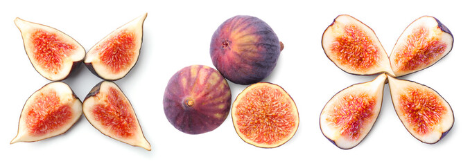 Wall Mural - Fresh sweet figs isolated on white, set. Whole and sliced