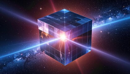 Wall Mural - A luminous geometric cube floats in a vast cosmic expanse filled with nebulae, stellar clusters, and a brilliant light source in the center, intersected by energetic, blue beams.