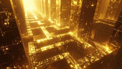 Wall Mural - Illuminated maze-like structures in a futuristic environment glow with radiant gold, showcasing complex geometric patterns with a warm and inviting light source.