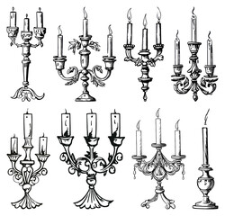 Wall Mural - PNG Vintage ornate candelabra illustrations, element set on transparent background