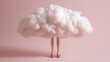 © scrdy - Fluffy white cloud with doll legs and shoes standing on a soft pink background expressing whimsy and imagination