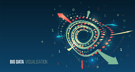 Wall Mural - Abstract visualization of big data with colorful spirals, binary code, and arrows on a dark blue background. Concept of analytics, technology, and digital information flow. Data structuring.