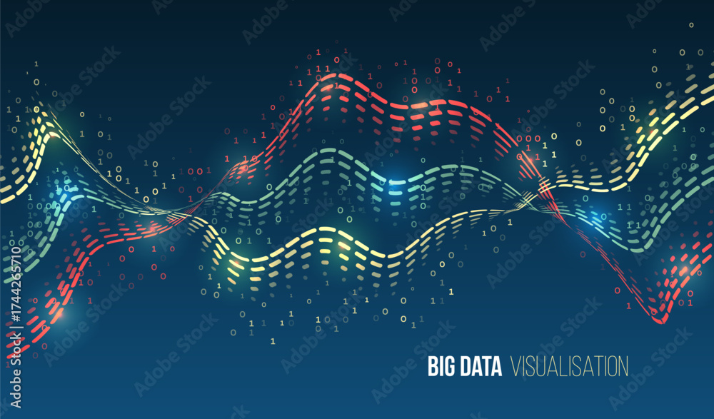 A colorful wave of binary code and glowing dots in the form of graphs symbolizing big data visualization, analytics and information flow on a dark digital background.