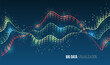 © arthead - A colorful wave of binary code and glowing dots in the form of graphs symbolizing big data visualization, analytics and information flow on a dark digital background.