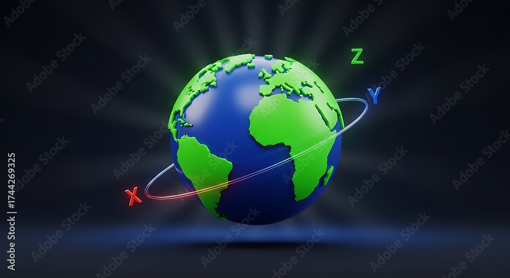 Xyz Sphere Rotation Earth globe with x y z axis rotating on a dark background with light ...