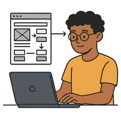 Isometric design concept with young developer creating web layout on laptop