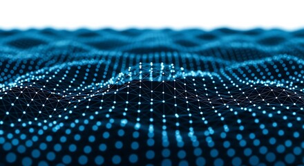 Abstract digital network of glowing blue dots and lines forming a wavy surface