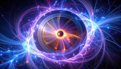 Wall Mural - Intricate and vibrant digital artwork showcases a central circular design, radiating energy with dynamic swirling patterns of orange, purple, and blue hues against a deep, dark background that...