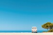© Larisa - White camper van parked by serene beach with clear blue sky and