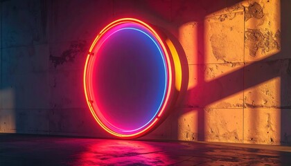 Wall Mural - Vivid neon circle illuminated against a textured concrete wall, exuding vibrant colors with a mix of red, blue, and orange.