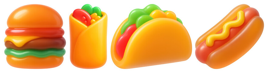 Wall Mural - PNG Colorful 3D fast food icons, element set on transparent background