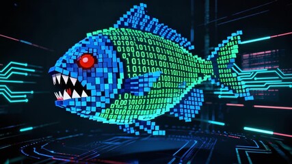 Pixelated digital fish with sharp teeth constructed from binary code, featuring red glowing eye against dark technological background with circuit lines