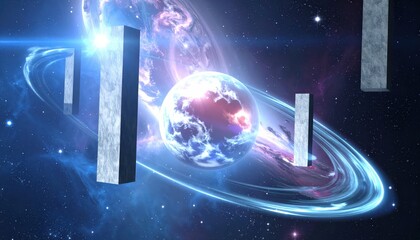 Wall Mural - Majestic depiction of celestial bodies and geometric structures against a backdrop of swirling nebulae and stars, showcasing otherworldly cosmic elements with glowing effects and vibrant shades of...