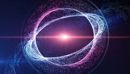Wall Mural - Abstract digital art piece featuring swirling particles and a central light source, creating a dynamic visual display with shades of blue, purple, and pink amidst a dark background, evoking a sense...
