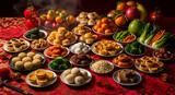 Abundant festive food spread featuring fruits vegetables and delicacies