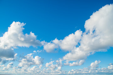 Wall Mural - A vast expanse of bright blue sky dotted with fluffy white clouds.Several clouds of varying sizes are scattered across the blue background.This evokes a sense of open space and a peaceful atmosphere