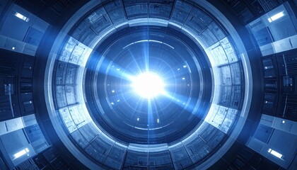 Wall Mural - Bright, radiating light bursts forth from the center of a futuristic circular tunnel structure, a mesmerizing composition of cold blue tones dominates the view and emphasizes the technological and...