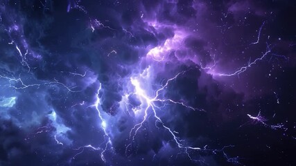 Wall Mural - Video clip A dramatic view of a lightning storm in a purple and blue sky