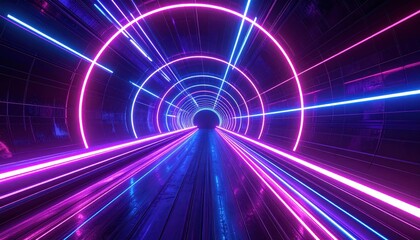 Wall Mural - Futuristic tunnel interior illuminated by vibrant neon lights in hues of pink and blue.