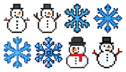 Wall Mural - PNG Pixel snowmen snowflakes winter design, element set on transparent background