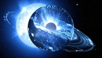 Wall Mural - Rendered with a luminous blue glow, an abstract futuristic concept showcases a stylized star with orbiting rings alongside a technological toroidal structure, set against a vast black space...