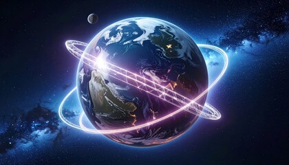 Wall Mural - Rendered image presents a vibrant depiction of planet earth, showcasing its continents, oceans, and atmosphere, with luminous orbital rings and a celestial body in the distant background.