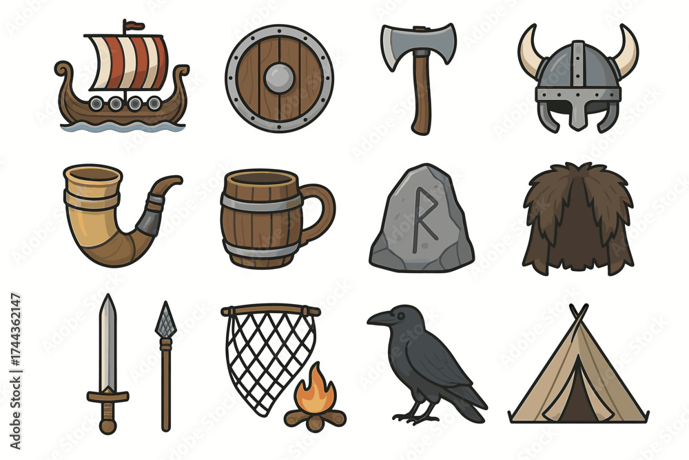 Viking symbols collection: ship, helmet, weapon, shield, tent, crow ...