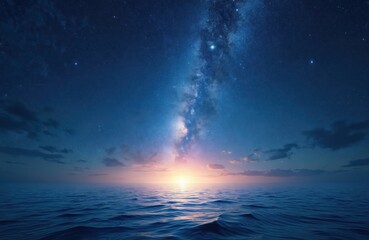 Wall Mural - Starry night sky with the Milky Way over a calm ocean horizon. Sun begins to rise, casting warm light on gentle waves. Deep blue water reflects celestial glow.