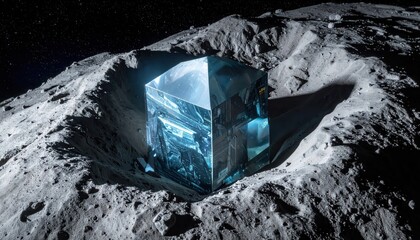 Wall Mural - The illustration showcases a luminous, futuristic structure of geometric design, embedded within a desolate, lunar-like crater.