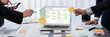 © InfiniteFlow - Analyst team use sticky note for creative and analytic brainstorm for business idea with BI data dashboard on laptop screen. Analysis financial data visualization tech for marketing strategy. Prodigy
