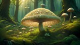 umbrella polypore surrounded by green vegetation on forest floor