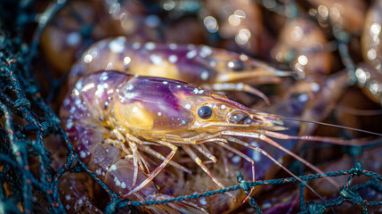 Close-up of prawns tangled in net, glistening with moisture, fine net fibers visible, emphasizing seafood harvesting quality