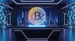 © yim - Bitcoin Cryptocurrency Stage - Futuristic Neon Design with Cityscape Backdrop.