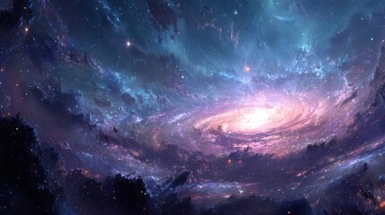 Wall Mural - A beautiful, starry night sky with a spiral galaxy in the center. The galaxy is surrounded by clouds and stars, creating a sense of wonder and awe. The image evokes a feeling of vastness and mystery