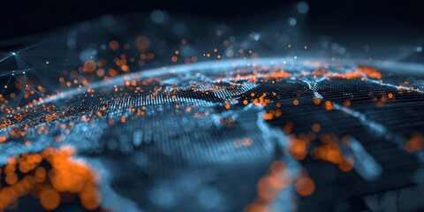 Wall Mural - Futuristic Digital Interface with Data Visualization and Global Network Connection in Blue and Orange Tones