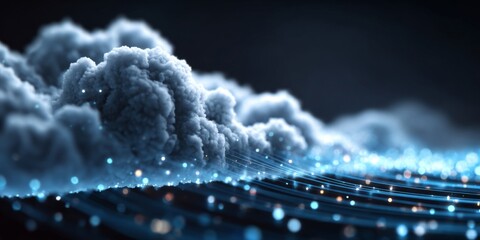 Wall Mural - Abstract Digital Cloud Computing Design with Glowing Data Streams and Blue Cloud Icons Representing Technology Innovation