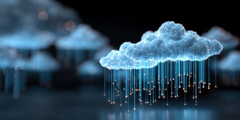Wall Mural - Abstract Digital Cloud Computing Design with Glowing Data Streams and Blue Cloud Icons Representing Technology Innovation