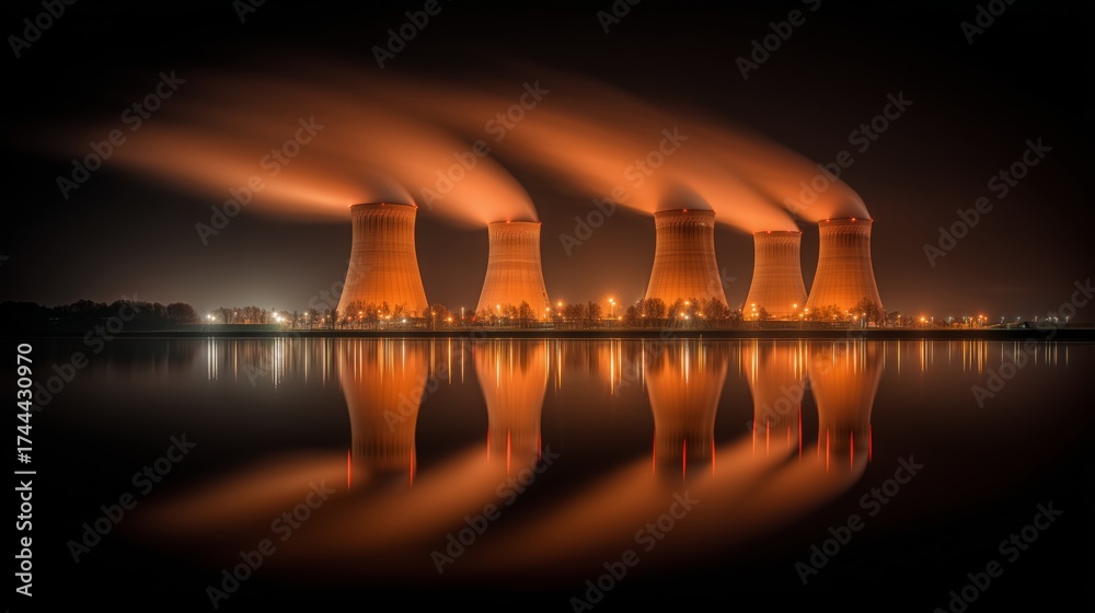 Industrial power plant at night with cooling towers emitting steam and ...