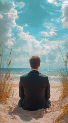Wall Mural - Businessman in Suit Relaxing on Beach Sand with Scenic View