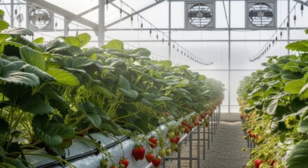 Wall Mural - Detailed medium shot of a polycarbonate greenhouse interior focusing on strawberry rows with precise irrigation and ventilation for optimized growth.