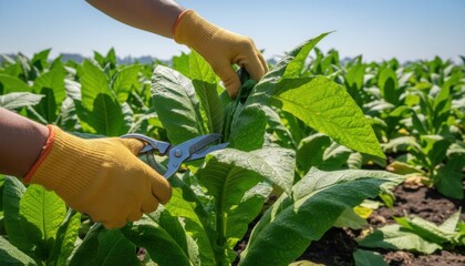 Wall Mural - Gardener using shears to trim excess tobacco leaves focusing on shaping healthy plants under natural light.