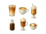 Watercolor illustration of various coffee drinks on a white background. The set includes iced coffee, cappuccino, frappé, cold brew bottle, Irish coffee, and affogato with ice cream. Hand-painted coll