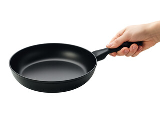 Hand holding black frying pan by handle