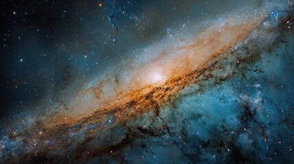 Wall Mural - A beautiful blue and orange starry sky with a spiral galaxy in the background. The colors of the galaxy are vibrant and the stars are twinkling