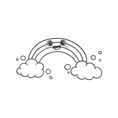 Wall Mural - Cute cartoon rainbow and clouds. Weather Icon isolated on white. Funny rainbow in doodle style. Vector illustration