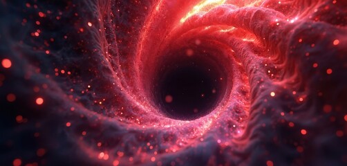 Wall Mural - Abstract red swirling tunnel with sparkling lights. Energetic digital vortex. Dynamic fractal motion effect. Science fiction space galaxy background. Cosmic nebula flow.
