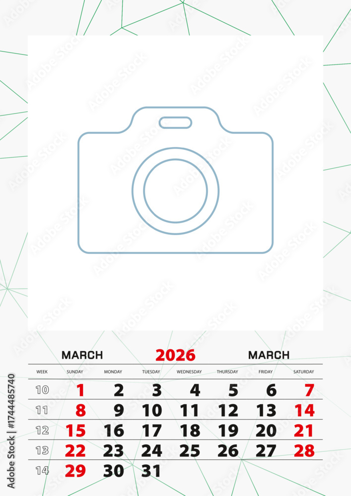 Wall calendar planner template for March 2026, week starts on sunday ...