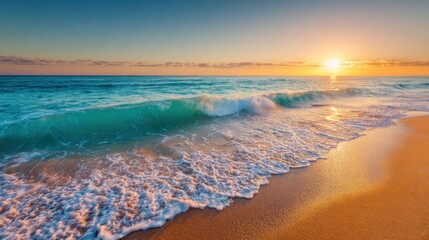 Wall Mural - The sun dips below the horizon casting warm hues across the sky. Gentle waves roll onto a sandy beach creating a peaceful scene as day turns to night.